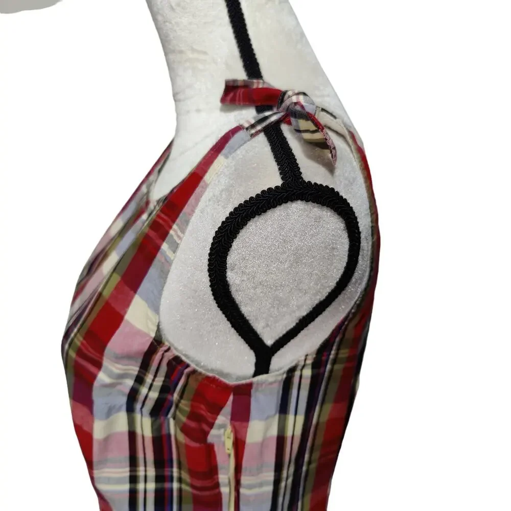 Vintage 90s Expression Sz 8 Red Plaid Shift Jumper Dress Sleeveless Tie Shoulder - Picture 6 of 7